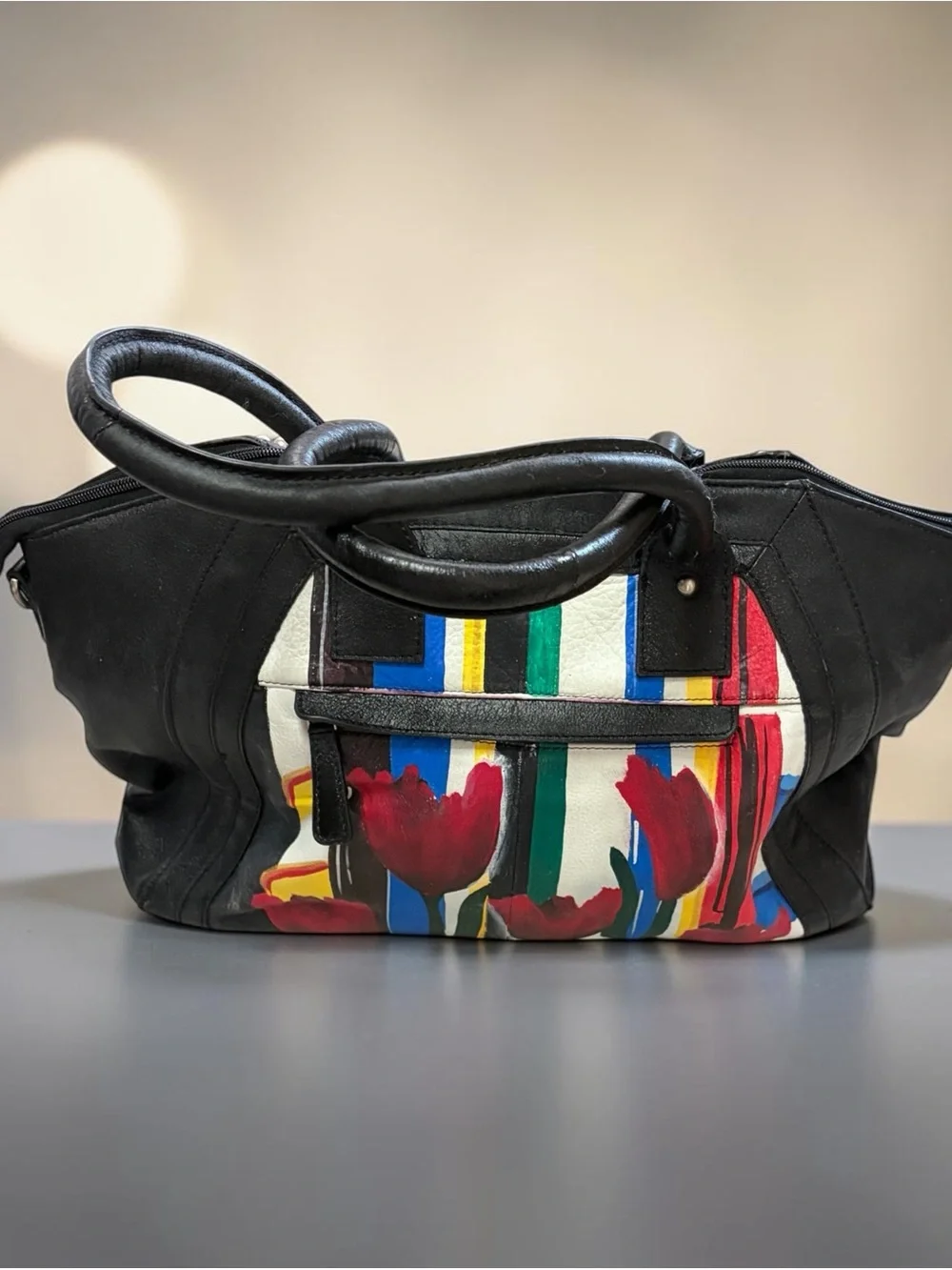 Sharif 1827 Hand Painted Leather Tulip Satchel Studded Edgy Wearable Art Bag